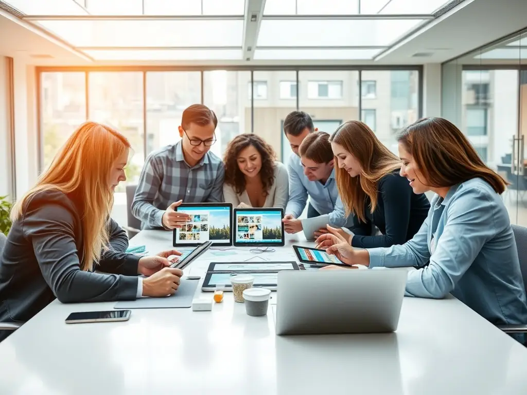 A diverse group of people collaborating on a localization project, using computers and discussing cultural nuances to adapt content for different markets.